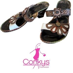 Elite by Corkys Black Leather Slide Sandals with Decorative Medallion
